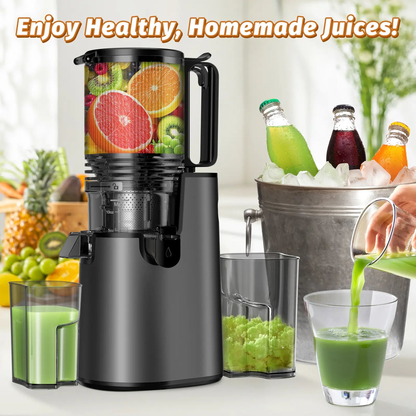 Cold Press Juicer - Slow Masticating, 5.4 Inch Feed Chute, High Juice Yield, Easy Clean, 55rpm Technology for Whole Fruits & Veggies