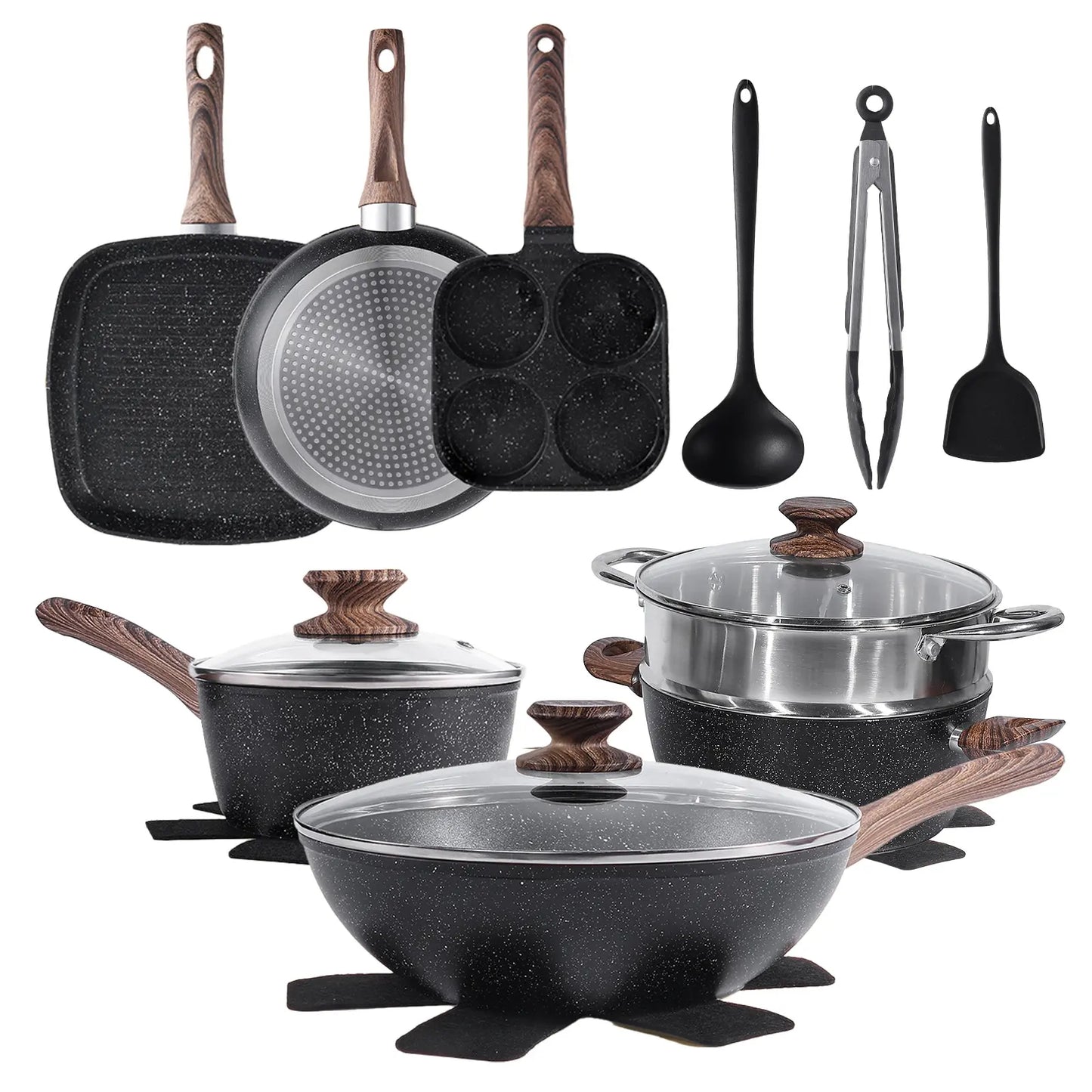 25-Piece Sturdy Non-Stick Ceramic Granite Cookware Set - Lightweight Aluminum Cooking Pot Set, Glass Lids, Stay-Cool Handles, Induction Compatible, Anti-Adherent Household Items for Healthy Cooking, Nonstick Cookware Sets