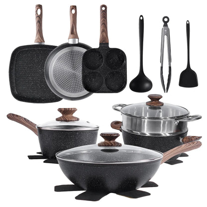 25-Piece Sturdy Non-Stick Ceramic Granite Cookware Set - Lightweight Aluminum Cooking Pot Set, Glass Lids, Stay-Cool Handles, Induction Compatible, Anti-Adherent Household Items for Healthy Cooking, Nonstick Cookware Sets
