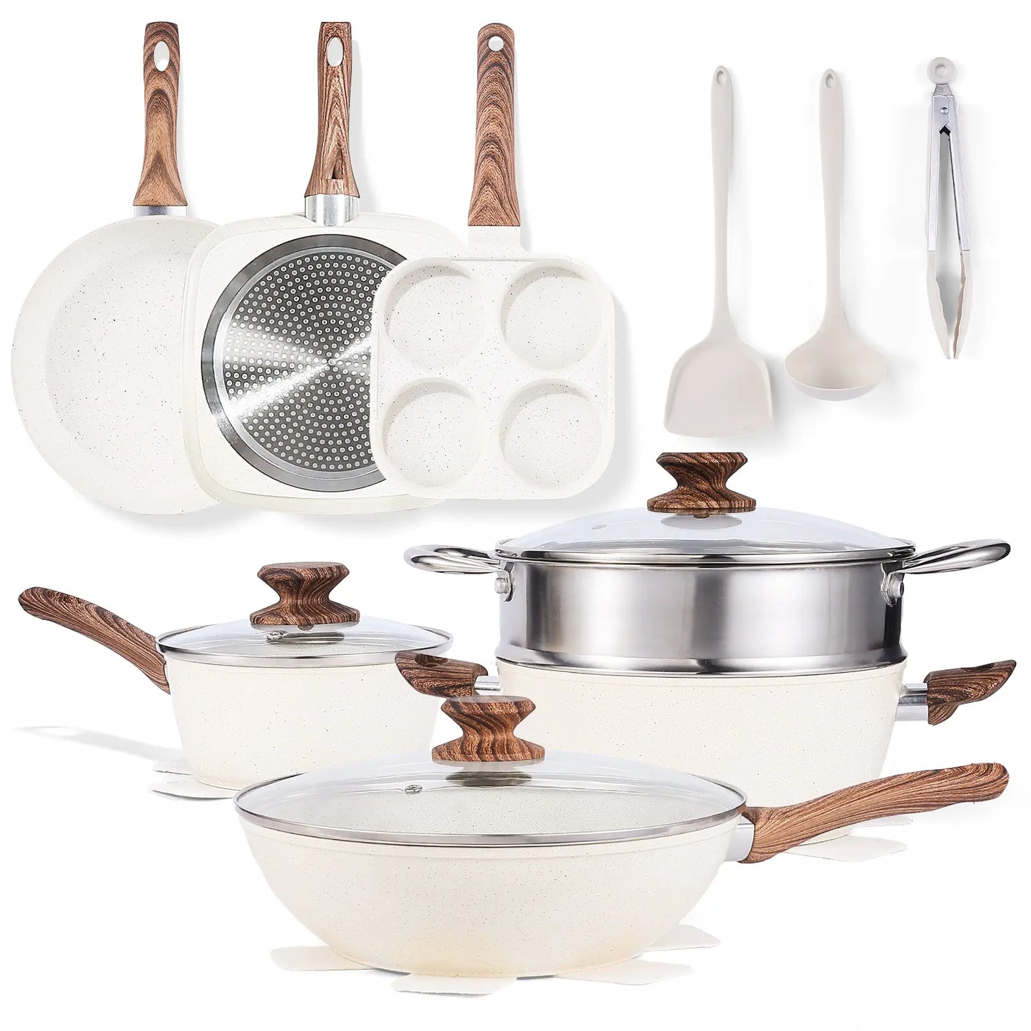 25-Piece Sturdy Non-Stick Ceramic Granite Cookware Set - Lightweight Aluminum Cooking Pot Set, Glass Lids, Stay-Cool Handles, Induction Compatible, Anti-Adherent Household Items for Healthy Cooking, Nonstick Cookware Sets