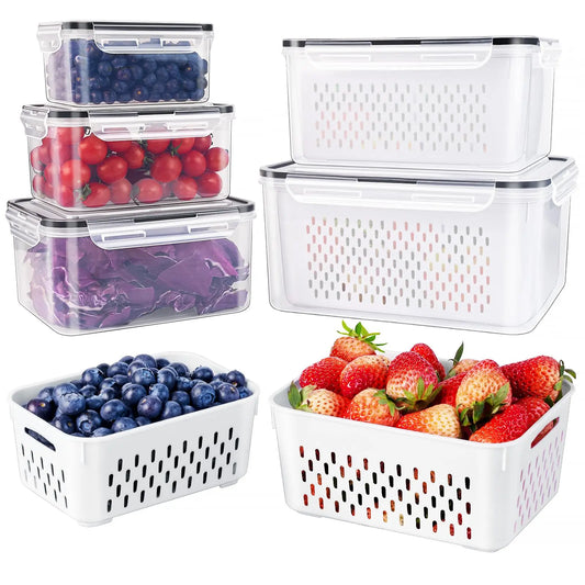 Fridge Organizers and Storage Set of 5 - Stackable Produce Storage Containers with Drain Colander, BPA-Free Fresh Keeper for Fruits, Vegetables, Berries & Lettuce