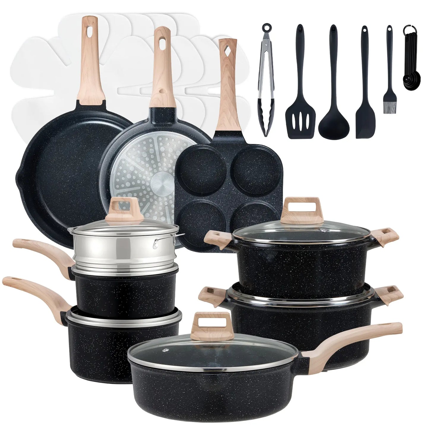 25-Piece Sturdy Non-Stick Ceramic Granite Cookware Set - Lightweight Aluminum Cooking Pot Set, Glass Lids, Stay-Cool Handles, Induction Compatible, Anti-Adherent Household Items for Healthy Cooking, Nonstick Cookware Sets