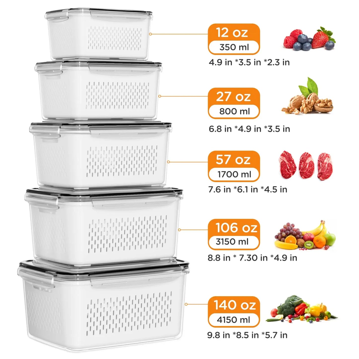 Fridge Organizers and Storage Set of 5 - Stackable Produce Storage Containers with Drain Colander, BPA-Free Fresh Keeper for Fruits, Vegetables, Berries & Lettuce