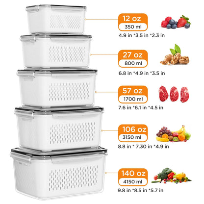 Fridge Organizers and Storage Set of 5 - Stackable Produce Storage Containers with Drain Colander, BPA-Free Fresh Keeper for Fruits, Vegetables, Berries & Lettuce
