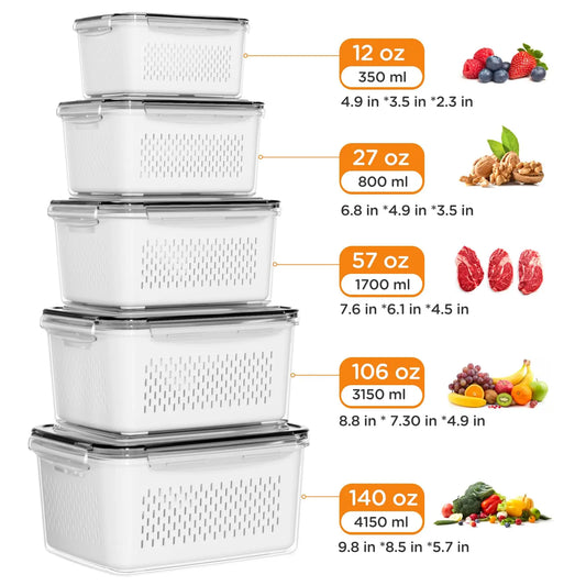 Fridge Organizers and Storage Set of 5 - Stackable Produce Storage Containers with Drain Colander, BPA-Free Fresh Keeper for Fruits, Vegetables, Berries & Lettuce