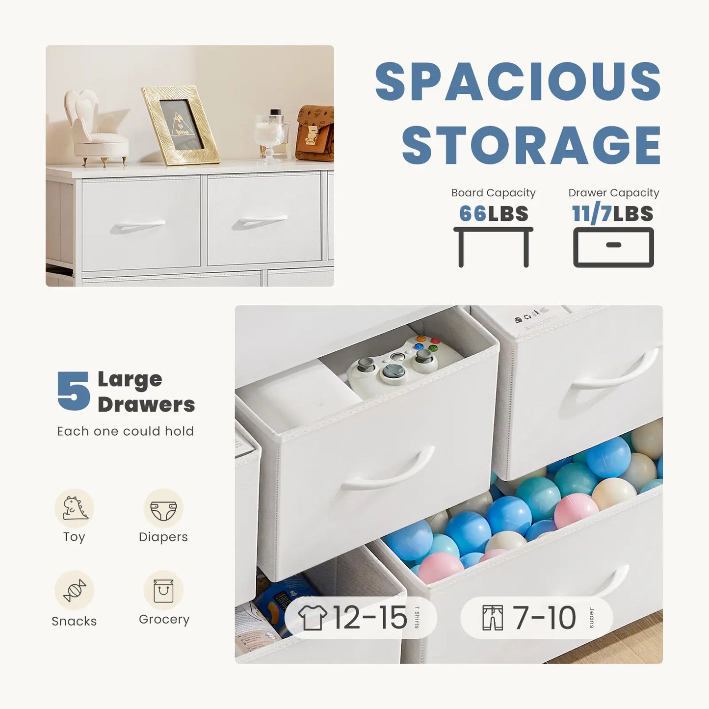 5-Drawer Fabric Dresser Chest - Fabric Chests Drawers, Modern Storage Cabinets, Storage Organizer for Bedroom Items