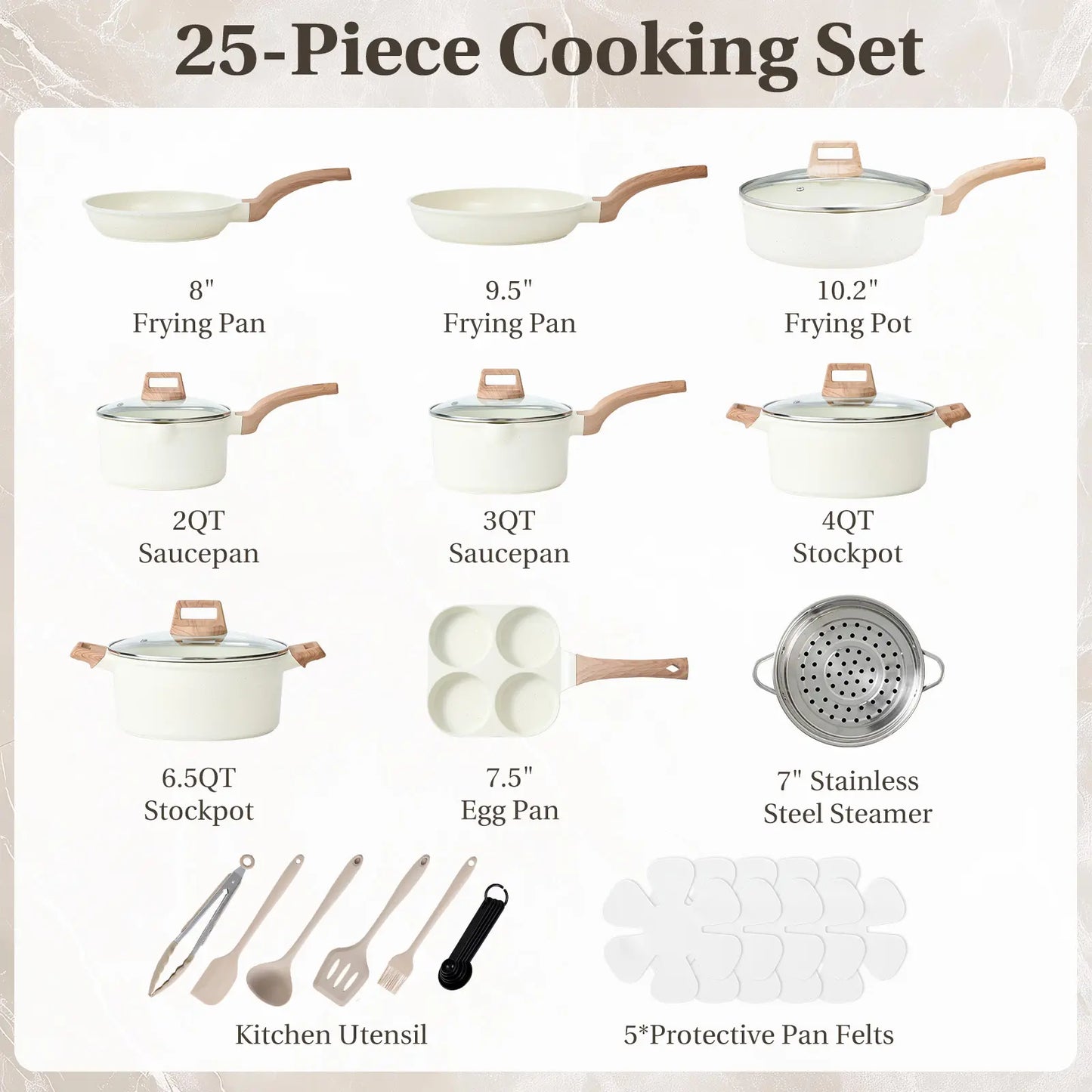 25-Piece Sturdy Non-Stick Ceramic Granite Cookware Set - Lightweight Aluminum Cooking Pot Set, Glass Lids, Stay-Cool Handles, Induction Compatible, Anti-Adherent Household Items for Healthy Cooking, Nonstick Cookware Sets