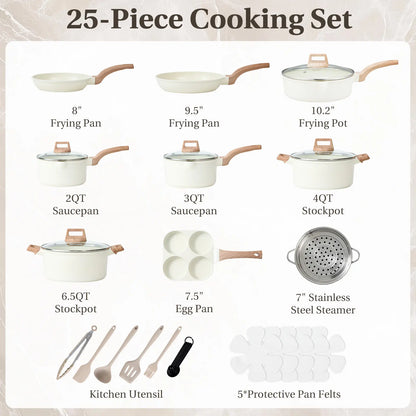 25-Piece Sturdy Non-Stick Ceramic Granite Cookware Set - Lightweight Aluminum Cooking Pot Set, Glass Lids, Stay-Cool Handles, Induction Compatible, Anti-Adherent Household Items for Healthy Cooking, Nonstick Cookware Sets
