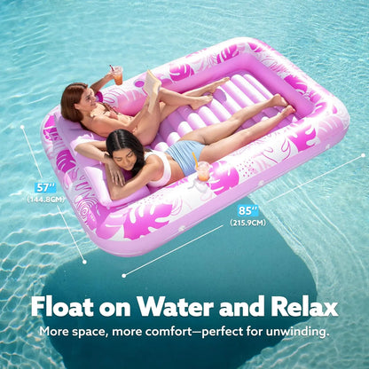L/XL Inflatable Tanning Pool Lounge Float With Cup Holder, 70“X46”/85″ x 57″ Extra Large Pool Floats Adult with Pillow, 4 in 1 Suntan Tub Raft Floatie, Sunbathing Bed Lounge for Water Blow Up Kids Ball Pit Party Gifts