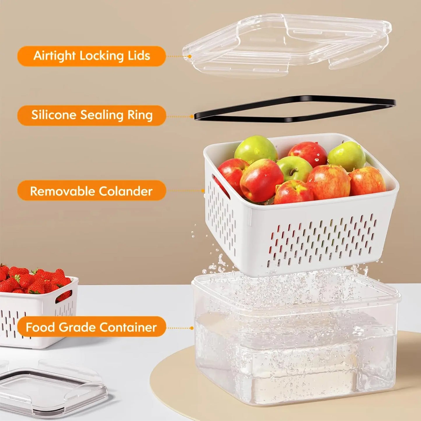 Fridge Organizers and Storage Set of 5 - Stackable Produce Storage Containers with Drain Colander, BPA-Free Fresh Keeper for Fruits, Vegetables, Berries & Lettuce