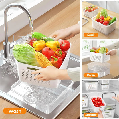 Fridge Organizers and Storage Set of 5 - Stackable Produce Storage Containers with Drain Colander, BPA-Free Fresh Keeper for Fruits, Vegetables, Berries & Lettuce
