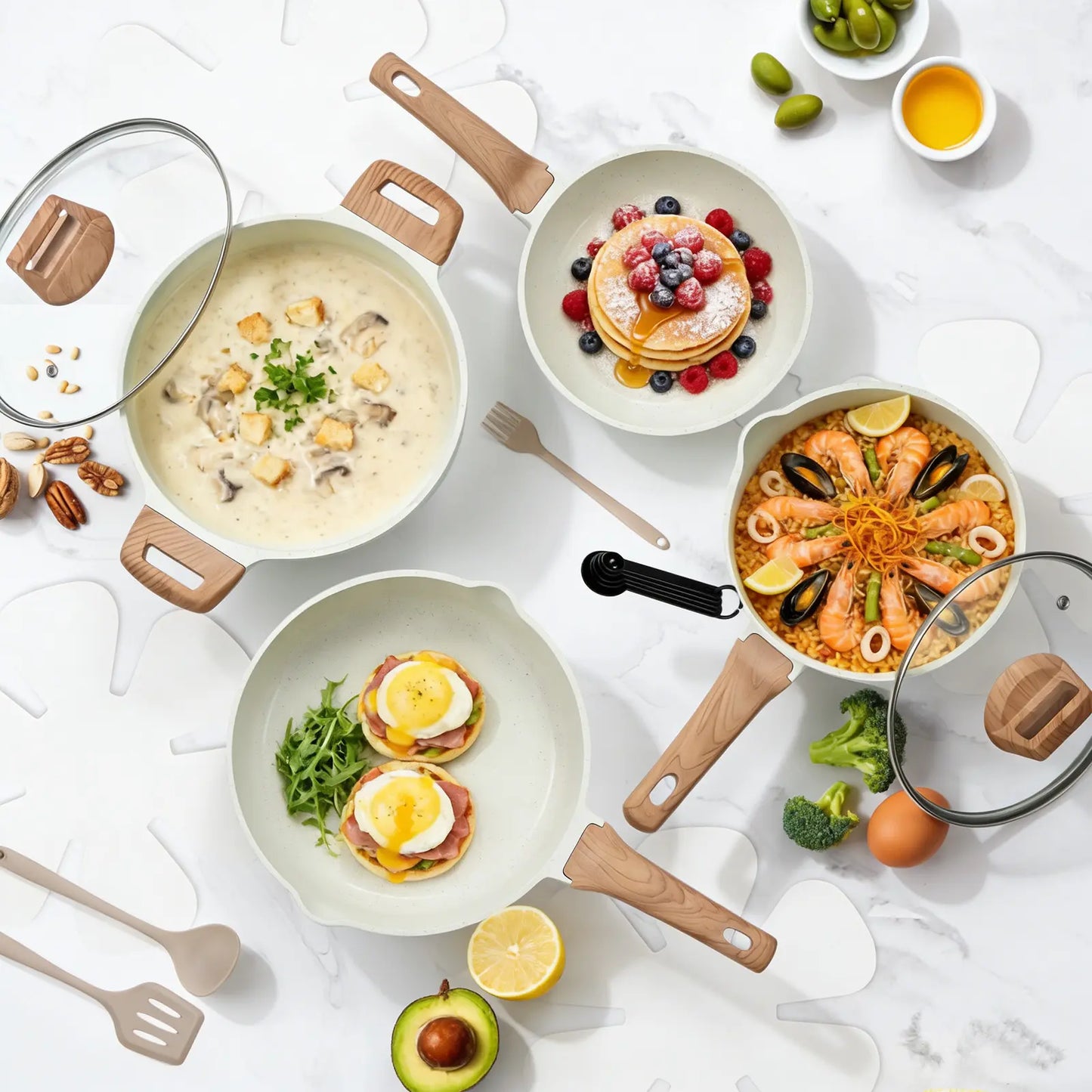 25-Piece Sturdy Non-Stick Ceramic Granite Cookware Set - Lightweight Aluminum Cooking Pot Set, Glass Lids, Stay-Cool Handles, Induction Compatible, Anti-Adherent Household Items for Healthy Cooking, Nonstick Cookware Sets