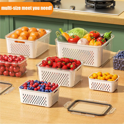 Fridge Organizers and Storage Set of 5 - Stackable Produce Storage Containers with Drain Colander, BPA-Free Fresh Keeper for Fruits, Vegetables, Berries & Lettuce
