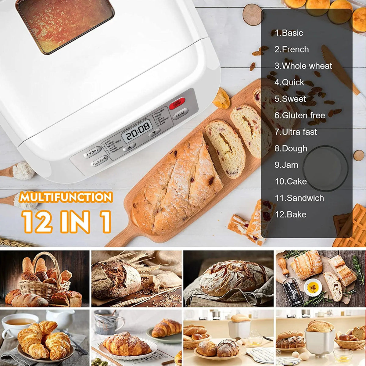 Bread Maker Machine, 12-in-1 Automatic Bread Machine with Fruit Nut Auto Dispenser, 2LB Large Capacity, Gluten-Free, 13H Delay Timer, 1H Keep Warm, 3 Crust Colors for Home Baking