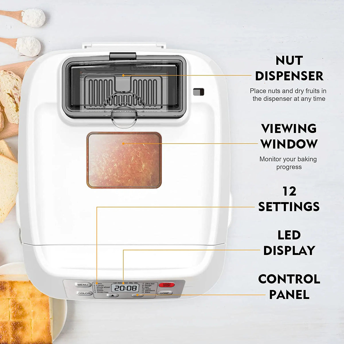 Bread Maker Machine, 12-in-1 Automatic Bread Machine with Fruit Nut Auto Dispenser, 2LB Large Capacity, Gluten-Free, 13H Delay Timer, 1H Keep Warm, 3 Crust Colors for Home Baking