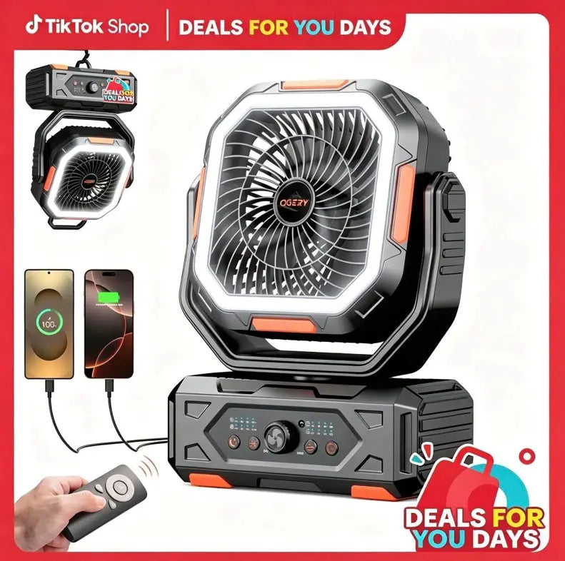 2026 Upgraded Camping Fan, 30000mAh Rechargeable Fan with LED Lights & 270° Pivot, Remote Control Shaking Head Desk Fan for Tent Travel Home Multifunction Outdoor Activities summerwins