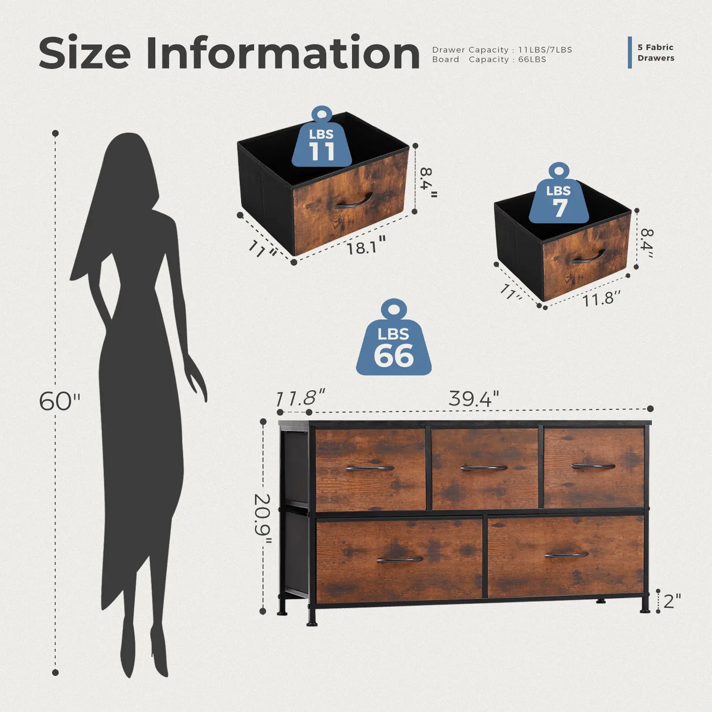 5-Drawer Fabric Dresser Chest - Fabric Chests Drawers, Modern Storage Cabinets, Storage Organizer for Bedroom Items