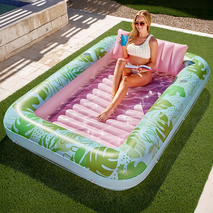 L/XL Inflatable Tanning Pool Lounge Float With Cup Holder, 70“X46”/85″ x 57″ Extra Large Pool Floats Adult with Pillow, 4 in 1 Suntan Tub Raft Floatie, Sunbathing Bed Lounge for Water Blow Up Kids Ball Pit Party Gifts